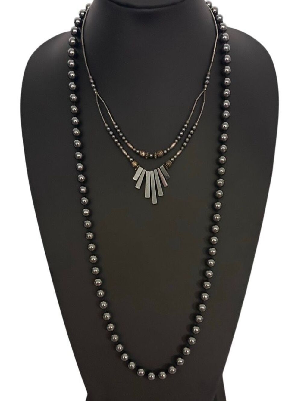 Lot of 2 Vintage Hematite Necklaces Women's 32" & 18" Black Gray Hematite Beads